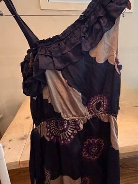 One-Shoulder Black and Taupe Floral Ruffle Dress